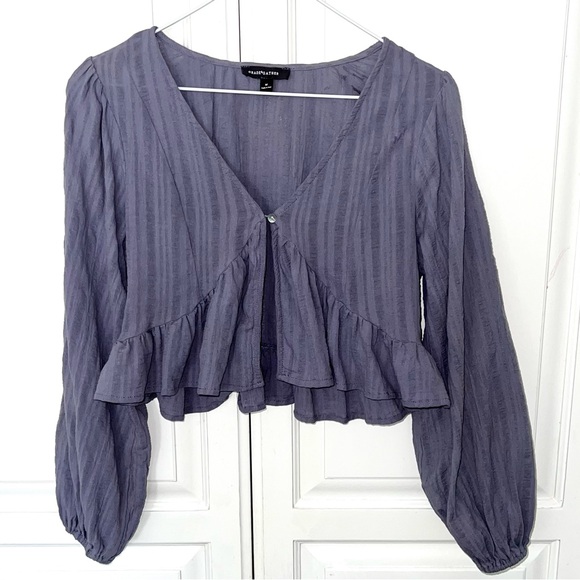 Anthro Grade & Gather Lavender Ruffle Peplum Boho Open Front Blouse M - Picture 3 of 10